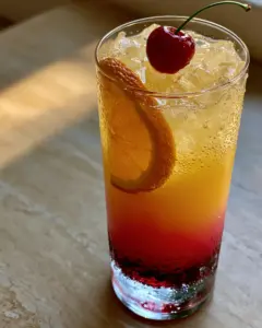 Close-up of a Malibu Sunrise cocktail showing the crisp condensation on the glass and the organic orange wheel garnish. (Malibu Sunrise)