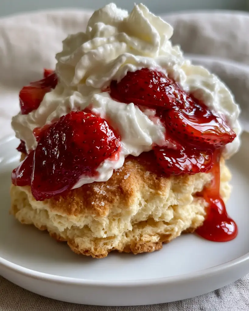 A single decadent strawberry shortcake drizzled with thick translucent ruby-red syrup on a matte ceramic plate.