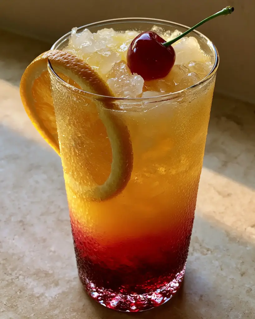 Eye-level shot of a Malibu Sunrise cocktail on a minimalist beige countertop showing three flawless liquid layers.