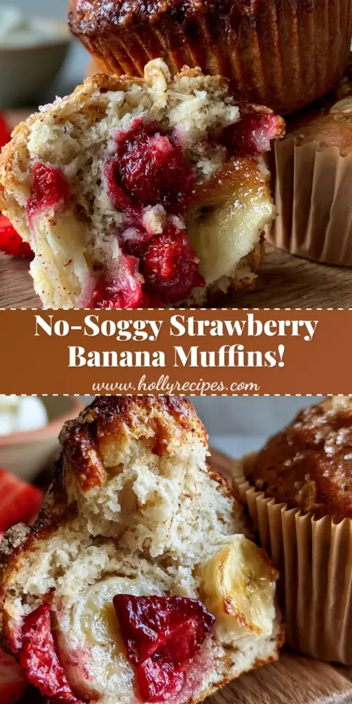 A split golden-brown strawberry banana muffin on a wooden board showing jammy strawberries and a fluffy oatmeal crumb. (strawberry banana muffins)