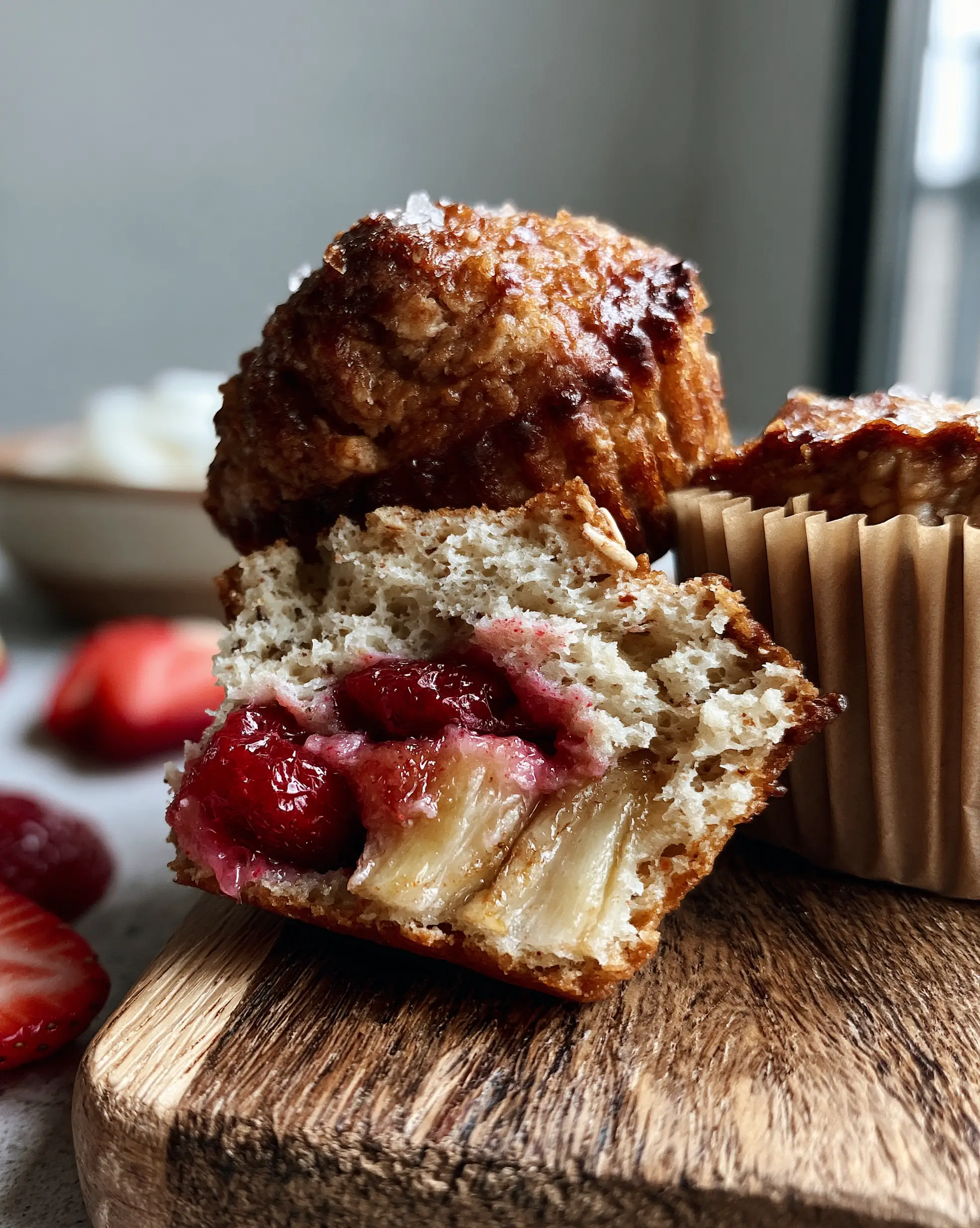 Close-up of freshly baked strawberry banana muffins with high domed crusts and coarse sugar crystals. (strawberry banana muffins)