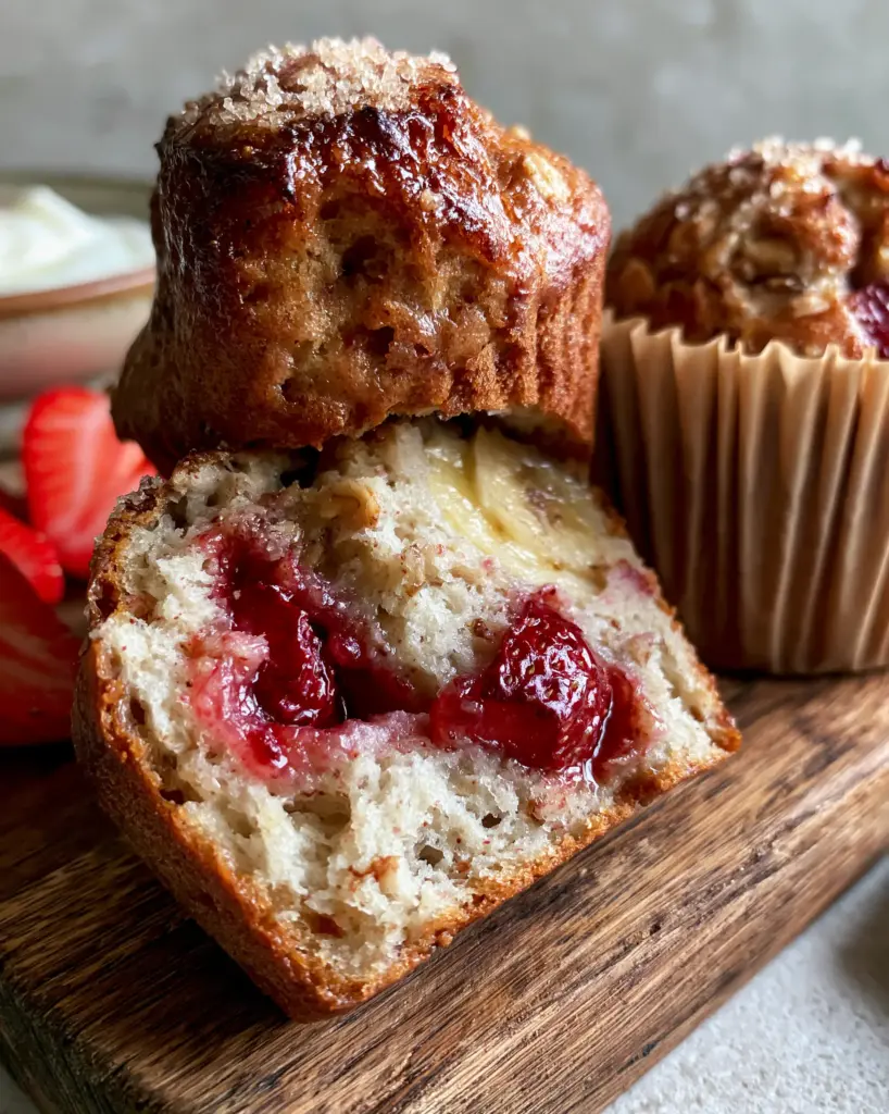 Handheld photo of a split strawberry banana muffin showing the airy interior and caramelized banana slices.