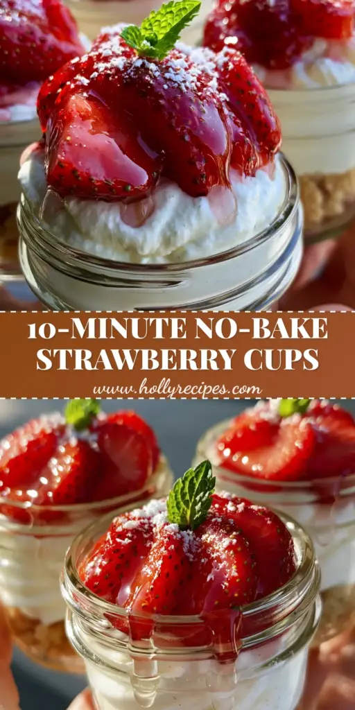 Three elegant mini mason jar strawberry shortcake cups held in a hand featuring distinct layers of golden shortbread, white cream, and ruby-red strawberries. (strawberry shortcake cups)