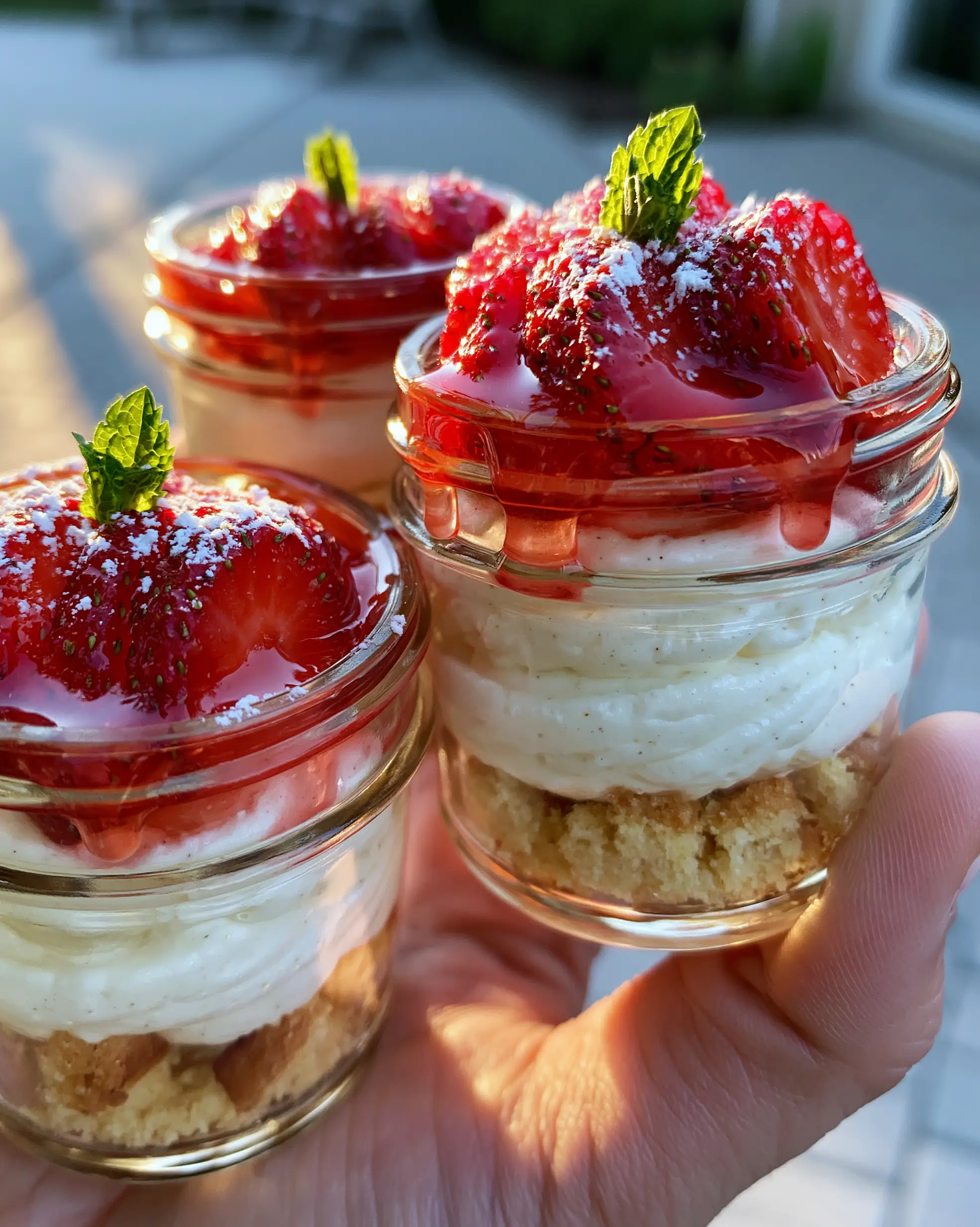 A close-up of handheld strawberry shortcake cups in mini mason jars during golden hour light. (strawberry shortcake cups)