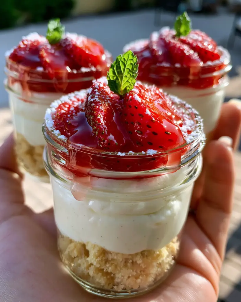 Macro shot of macerated ruby-red strawberries topped with mint and powdered sugar in a glass cup.