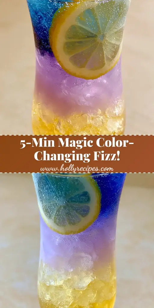 Honey Lemon Butterfly Fizz: The Ultimate Color-Changing Layered Mocktail 4 A tall fluted glass with a layered Honey Lemon Butterfly Fizz featuring golden honey, lavender gradient, and blue tea top with mint garnish.