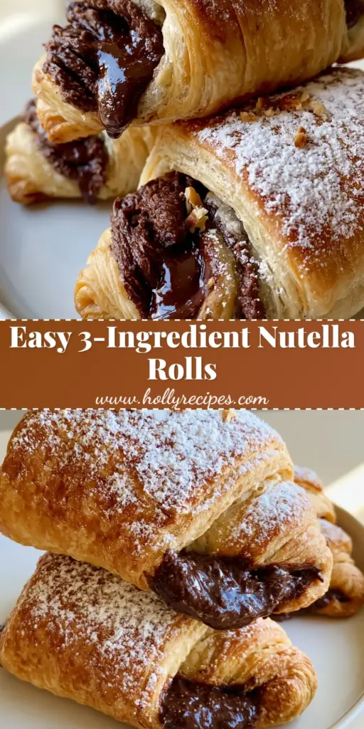 Three freshly baked Nutella rolls stacked on a white plate, showing golden-brown flaky puff pastry and glossy chocolate filling. (Nutella rolls)