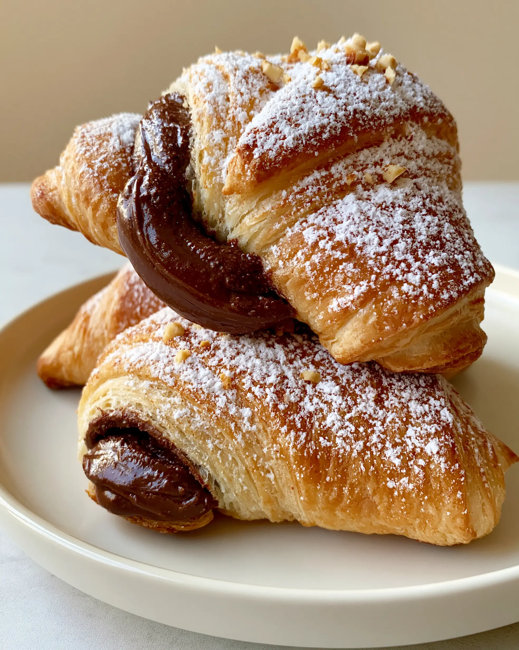 A handheld smartphone photo of golden-brown Nutella rolls with visible puff pastry layers and powdered sugar. (Nutella rolls)
