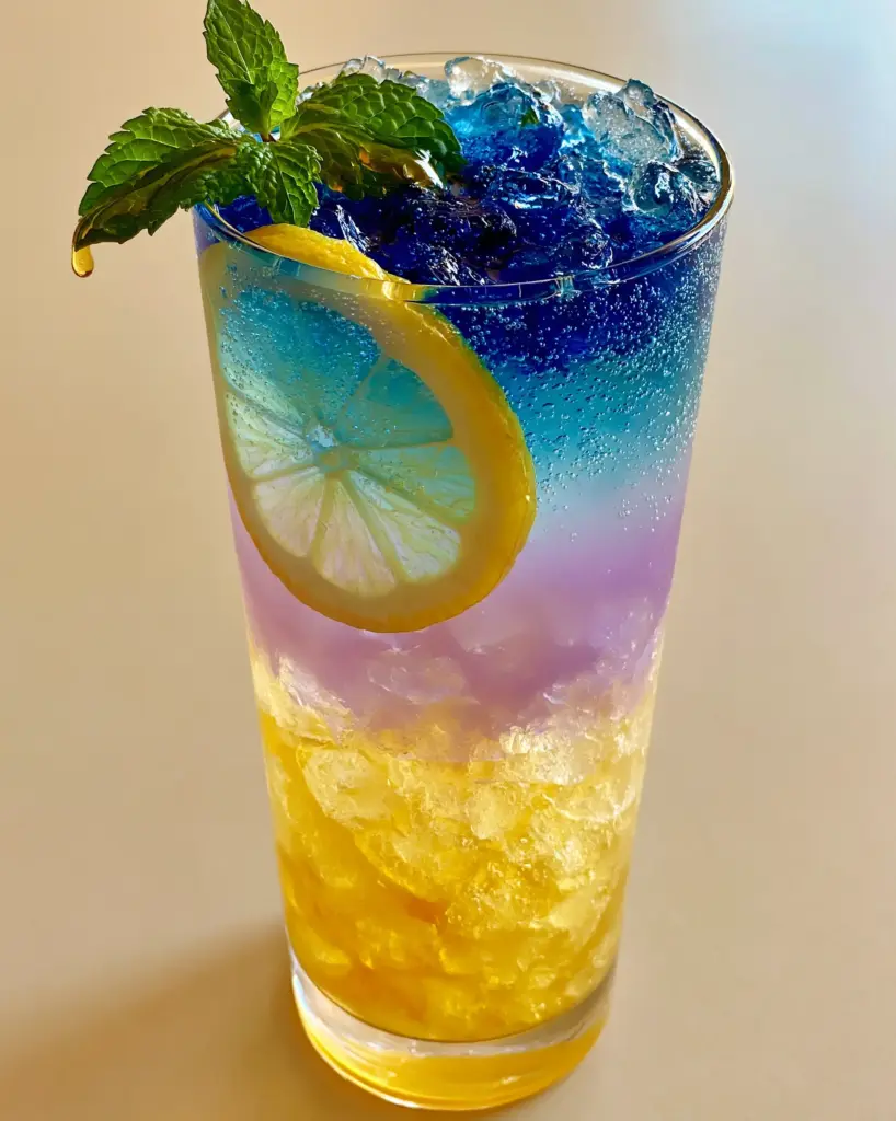 Honey Lemon Butterfly Fizz: The Ultimate Color-Changing Layered Mocktail 1 Honey Lemon Butterfly Fizz shown in bright natural daylight with lemon wheels pressed against the glass.