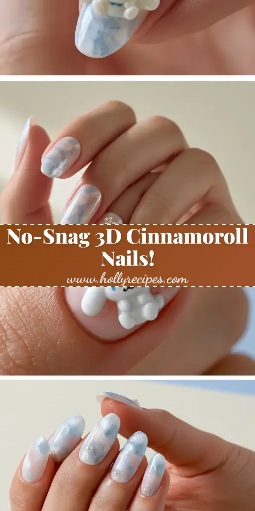 A split-screen view of elegant almond-shaped Cinnamoroll nails with a milky white base and 3D charms.