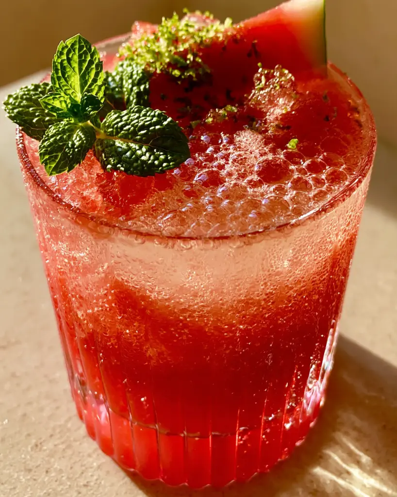 Extreme close-up of a watermelon mocktail with vibrant crimson puree and sparkling bubbles. (summer mocktail recipes)