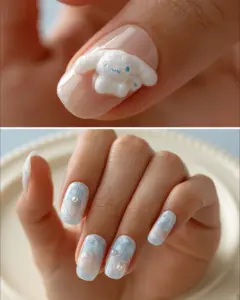 Macro close-up of a 3D Cinnamoroll charm on a glossy almond-shaped nail.