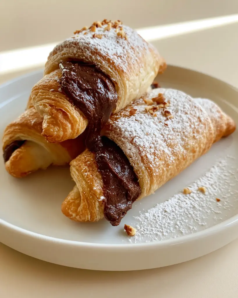 Close up of glossy chocolate hazelnut filling oozing from a flaky Nutella crescent roll. (Nutella rolls)