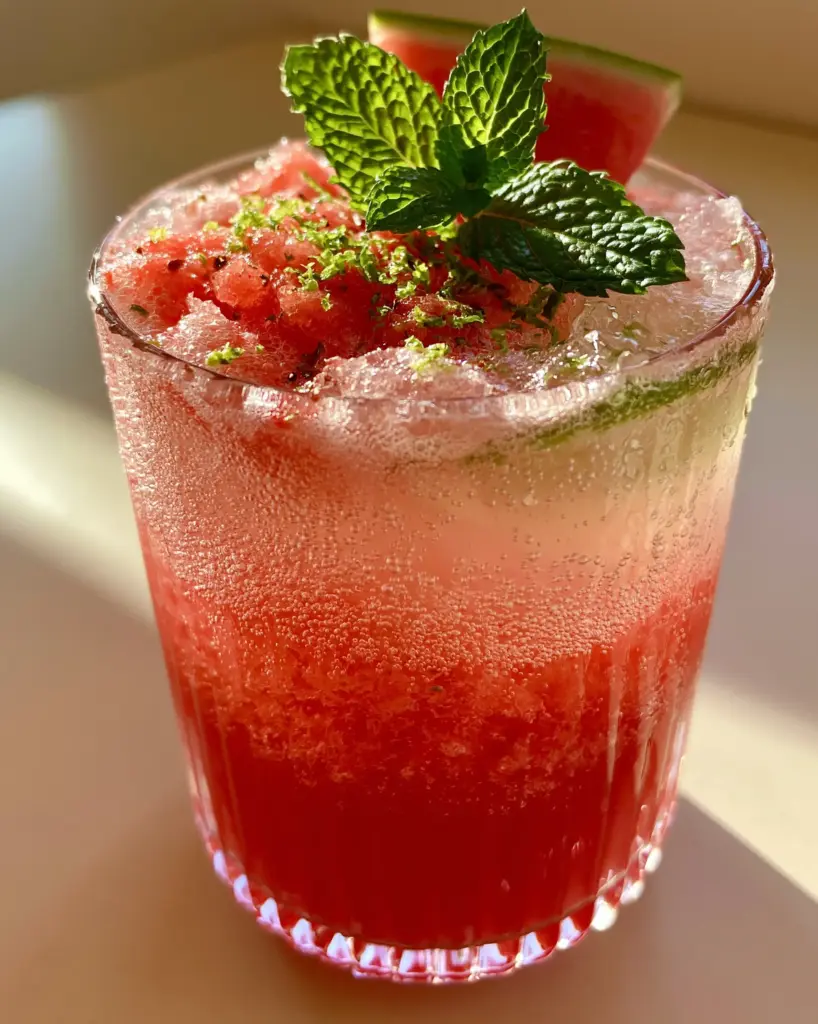 A detailed shot showing the glistening condensation and fresh mint garnish of the watermelon mocktail.