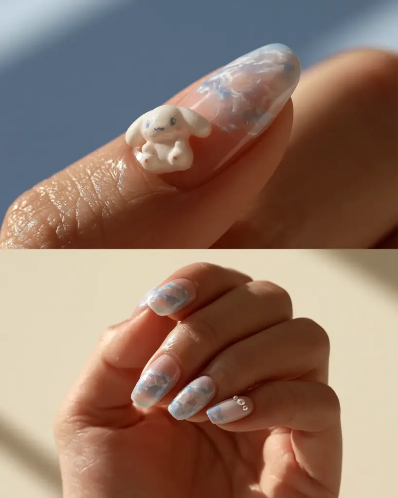 Full set of Cinnamoroll nails featuring baby blue marble and pearl accents.