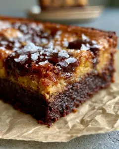 Extreme close-up of a sliced brown butter brookie bar with melted dark chocolate pools and flaky sea salt crystals.