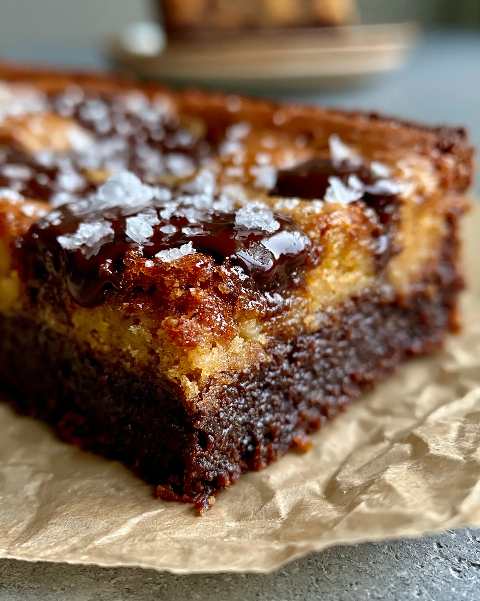 Brown Butter Brookies: The Ultimate Fudgy Dark Chocolate Cookie Bar 3 Extreme close-up of a sliced brown butter brookie bar with melted dark chocolate pools and flaky sea salt crystals.