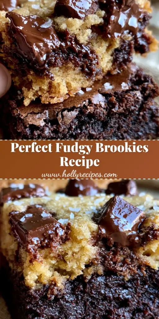 Close-up of freshly baked Brookies Cookies being pulled apart to show a fudgy brownie base and soft cookie top with sea salt.