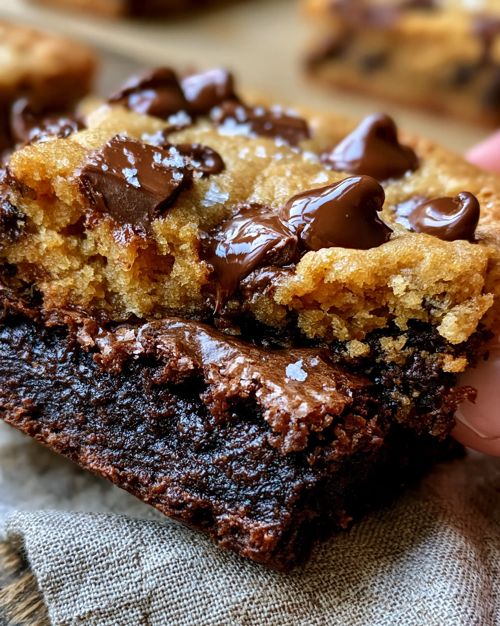Handheld photo of warm Brookies Cookies showing glossy crinkly brownie surface and melted chocolate chunks.