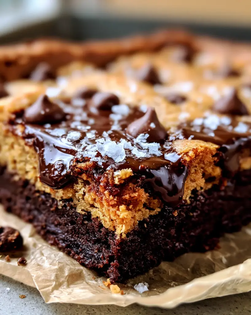 Brown Butter Brookies: The Ultimate Fudgy Dark Chocolate Cookie Bar 1 Close-up of brown butter brookies showing the caramelized cookie topping and dense dark chocolate base.