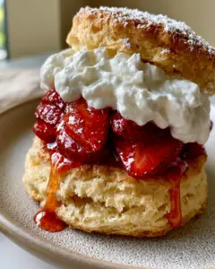 Eye-level shot of a freshly assembled strawberry shortcake showing the soft steaming interior crumb. (Easy Strawberry Shortcake Recipe)
