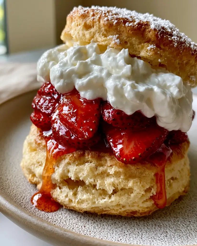 Eye-level shot of a freshly assembled strawberry shortcake showing the soft steaming interior crumb. (Easy Strawberry Shortcake Recipe)