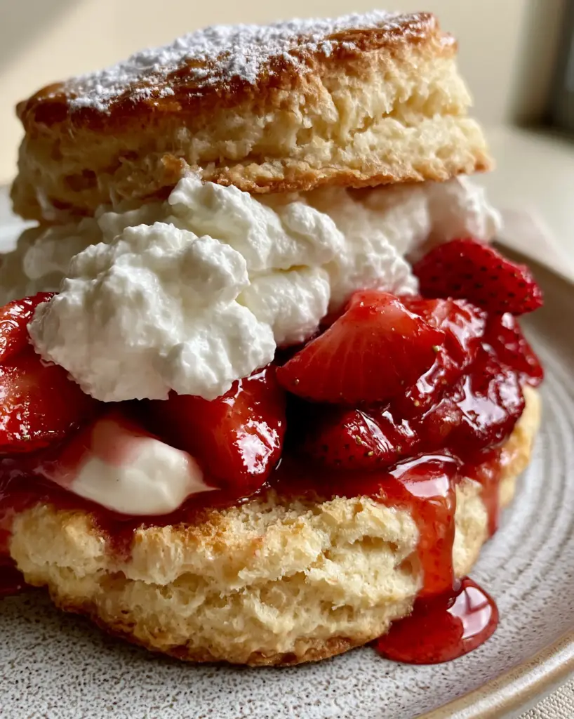 Glistening ruby-red strawberry syrup dripping down a golden-brown biscuit. (Easy Strawberry Shortcake Recipe)
