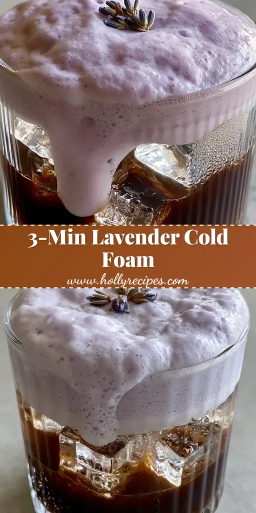 Aesthetic Lavender Cold Foam sitting atop iced espresso in a ribbed glass with clear ice cubes and lavender garnish.