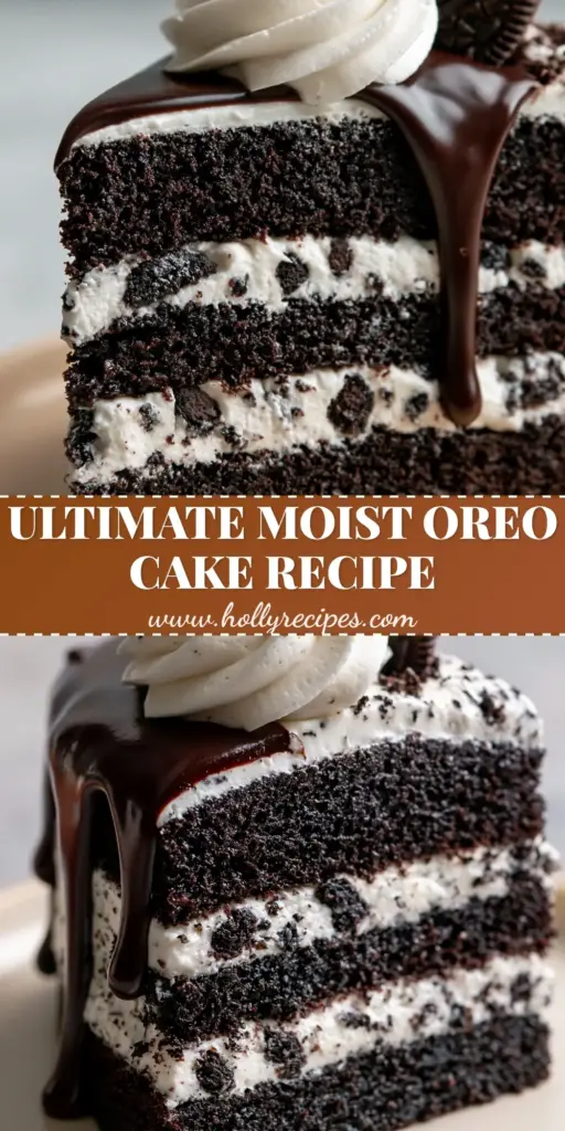 A tall slice of triple-layer chocolate Oreo cake with a glossy ganache drip and whole cookie garnish on a matte plate.