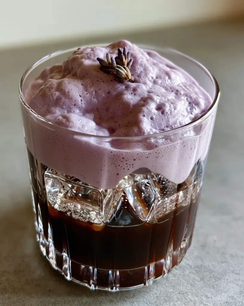 Close-up of pastel-purple lavender cold foam with three dried lavender buds on a dense microfoam surface.