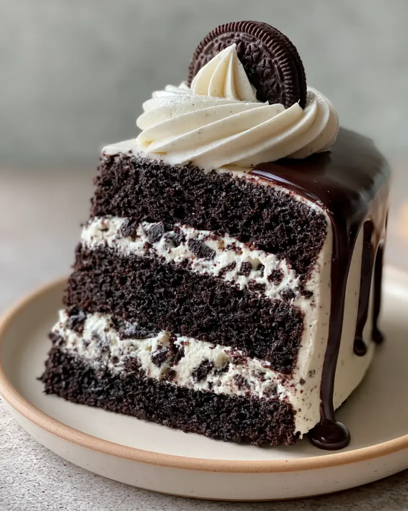 Close-up of a chocolate Oreo cake slice showing the tight, moist crumb and cookies and cream buttercream.