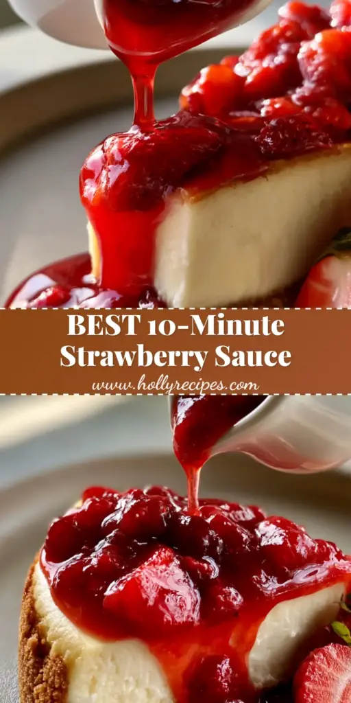 A close-up shot of thick, glossy ruby-red strawberry sauce being poured over a cheesecake. (strawberry sauce recipe)
