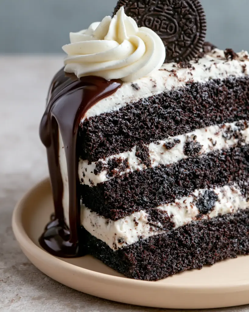 A thick slice of chocolate Oreo cake featuring a glossy dark chocolate drip and piped buttercream swirl.