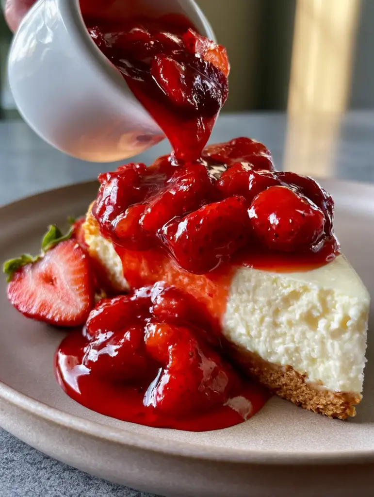 Visual of chunky, macerated strawberries in a translucent vibrant red syrup. (strawberry sauce recipe)