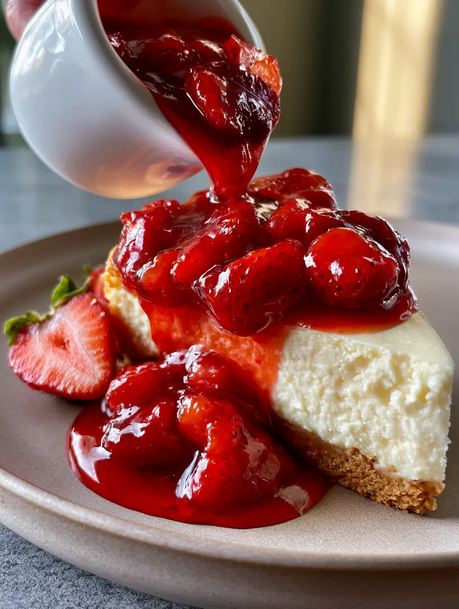 Visual of chunky, macerated strawberries in a translucent vibrant red syrup. (strawberry sauce recipe)