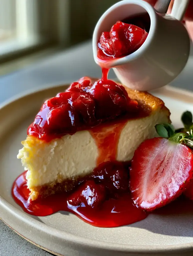 A minimalist matte stoneware plate featuring a slice of New York cheesecake topped with strawberry sauce and fresh halved strawberries.