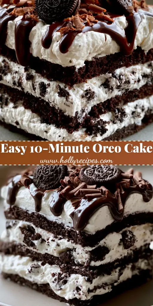 A vertical shot of a perfect slice of no-bake Oreo cake showing distinct cookie and cream layers with chocolate curls on top. (Oreo cake)