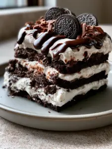 Smartphone photo of a slice of Oreo cake on a ceramic plate, featuring a glossy dark chocolate drizzle and mini Oreos. (Oreo cake)