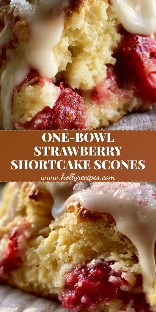 A close-up of a Strawberry Shortcake Scone showing jammy strawberry chunks and a thick white glaze with sparkling sugar.