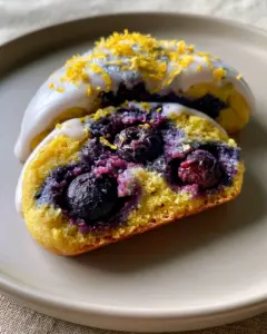 A single lemon blueberry cookie broken in half showing the soft golden interior and jammy blueberries. (lemon blueberry cookies)