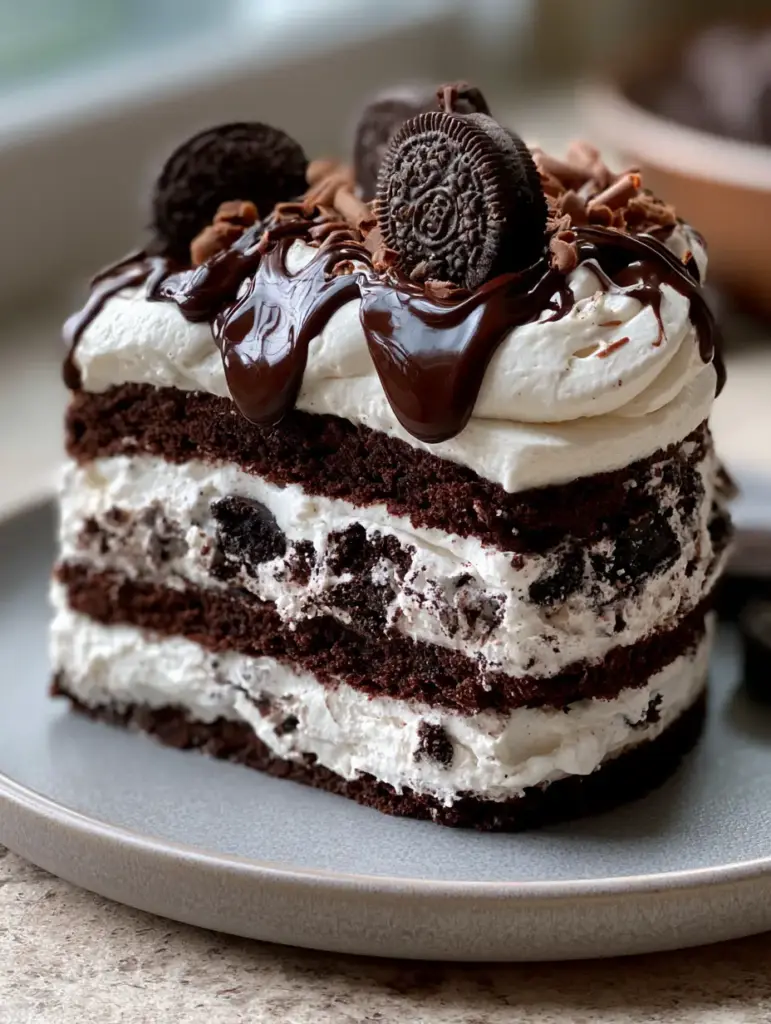 Close-up of Oreo cake layers showing crushed chocolate biscuits and velvety whipped filling. (Oreo cake)