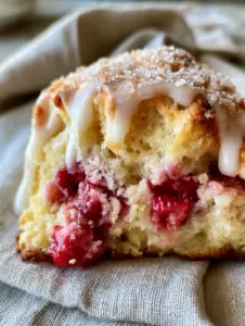 Macro shot of a broken Strawberry Shortcake Scone revealing a steaming moist crumb and bright red strawberries.