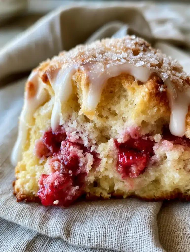 Macro shot of a broken Strawberry Shortcake Scone revealing a steaming moist crumb and bright red strawberries.