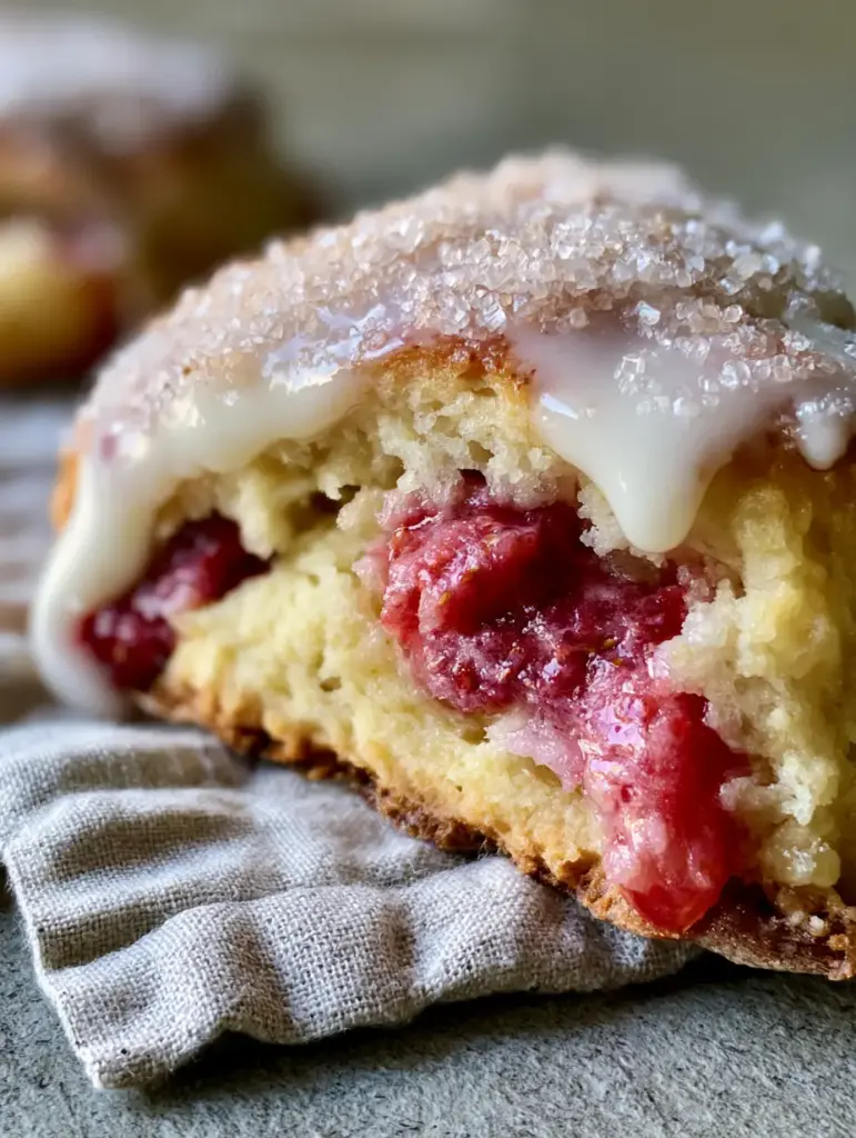 Extreme close-up of thick vanilla cream glaze dripping over the toasted edges of a scone.