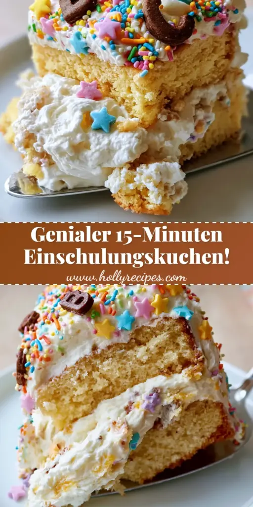 Einschulungskuchen: The Ultimate Back-to-School Vanilla Layer Cake 4 A tall Einschulungskuchen decorated with rainbow sprinkles and chocolate ABC cookies on a white plate.