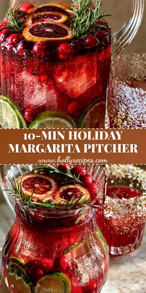 Holiday Margarita: The Ultimate Crimson Pitcher Cocktail for Festive Entertaining 4 A festive crimson-red holiday margarita in a pitcher with blood oranges, cranberries, and rosemary on a marble table.
