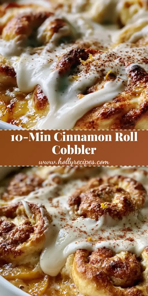 Peach Cobbler Cinnamon Rolls: The Ultimate Gooey Breakfast Mashup 4 A stack of peach cobbler cinnamon rolls in a white dish showing bubbling peach syrup and thick white glaze.