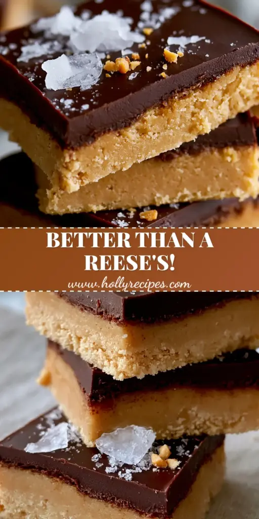 No-Bake Chocolate Peanut Butter Dessert with a Glossy Dark Chocolate Ganache 4 A stack of three thick no-bake chocolate peanut butter dessert bars with glossy ganache and sea salt crystals.