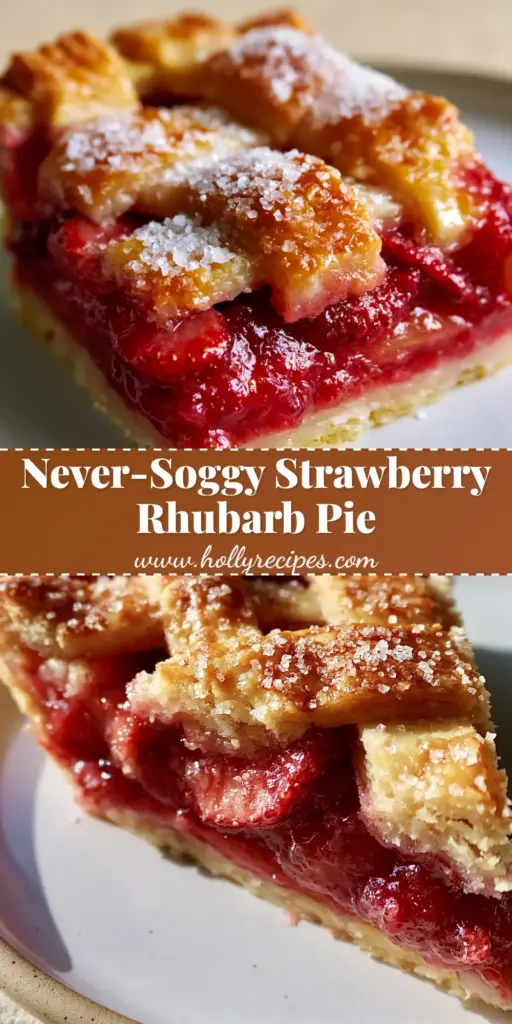 A top-down view of a strawberry rhubarb pie with a woven lattice crust and sparkling sugar crystals.