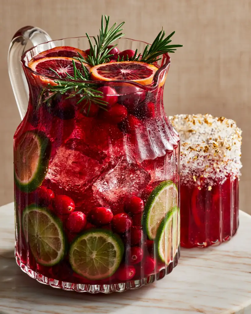 Holiday Margarita: The Ultimate Crimson Pitcher Cocktail for Festive Entertaining 2 A vintage fluted pitcher filled with vibrant crimson holiday margarita, garnished with lime and blood oranges. (holiday margarita)
